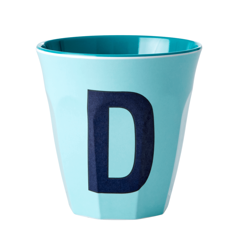 Two Melamine Cups - Medium with Alphabet in Bluish Colors | Letter D - Rice By Rice