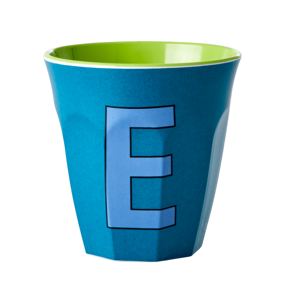 Two Melamine Cups - Medium with Alphabet in Bluish Colors | Letter E - Rice By Rice