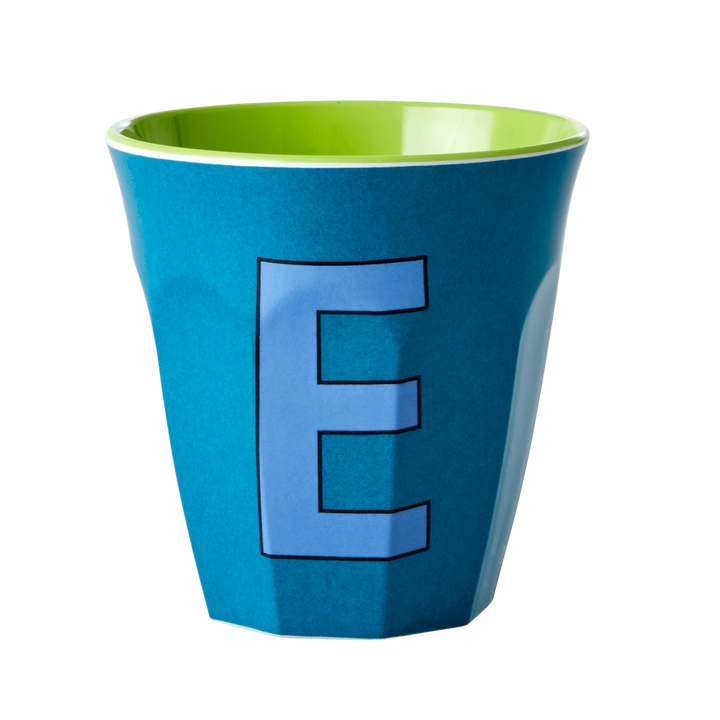 Two Melamine Cups - Medium with Alphabet in Bluish Colors | Letter E - Rice By Rice