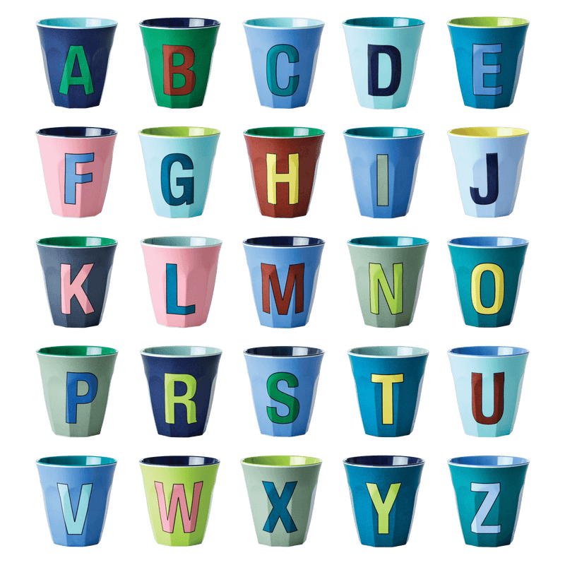 Melamine Cup - Medium with Alphabet in Bluish Colors | Letter A - Rice By Rice