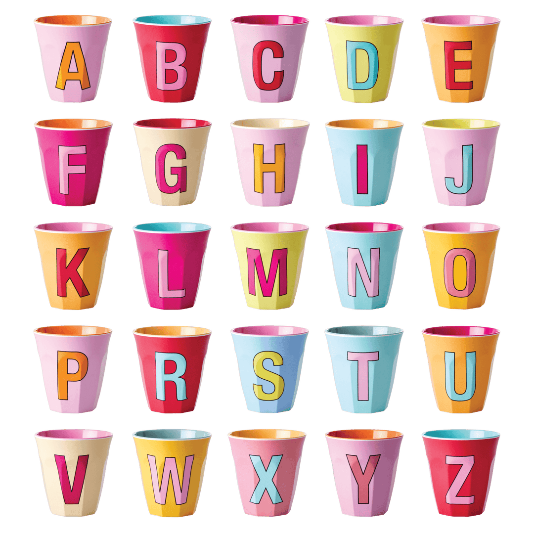 Two Melamine Cups - Medium with Alphabet in Pinkish Colors | Letter A - Rice By Rice