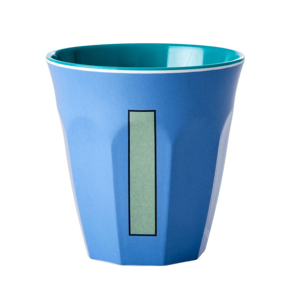 Two Melamine Cups - Medium with Alphabet in Bluish Colors | Letter I - Rice By Rice