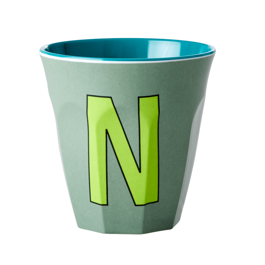 Melamine Cup - Medium with Alphabet in Bluish Colors | Letter N (copia) - Rice By Rice