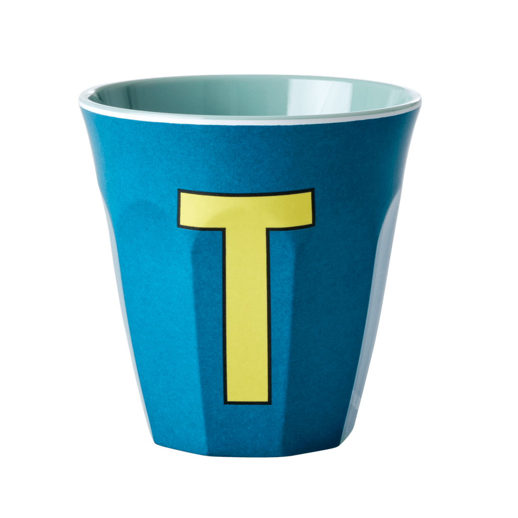 Melamine Cup - Medium with Alphabet in Bluish Colors | Letter T - Rice By Rice