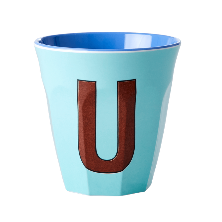 Two Melamine Cups - Medium with Alphabet in Bluish Colors | Letter U - Rice By Rice