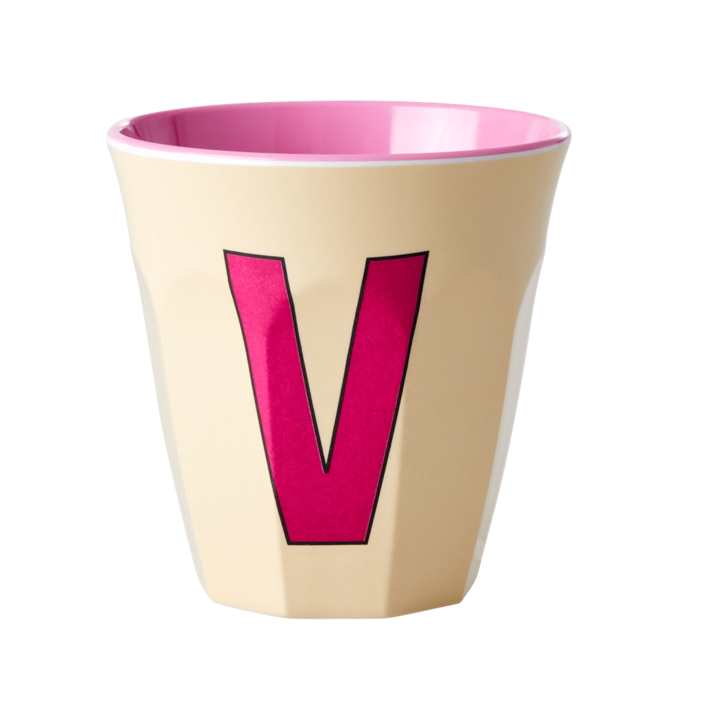 Two Melamine Cups - Medium with Alphabet in Pinkish Colors | Letter V - Rice By Rice