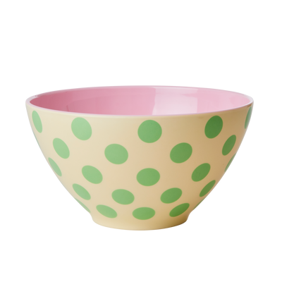 Melamine Salad Bowl - Cream - Green Dots Print - Rice By Rice
