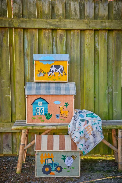 Raffia Storage Baskets with Blue Farm Theme - Set of 3 - Rice By Rice