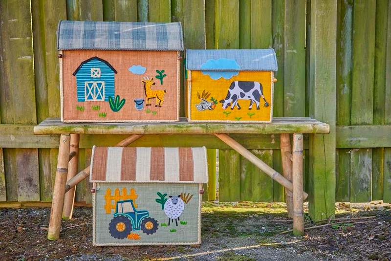 Raffia Storage Baskets with Blue Farm Theme - Set of 3 - Rice By Rice
