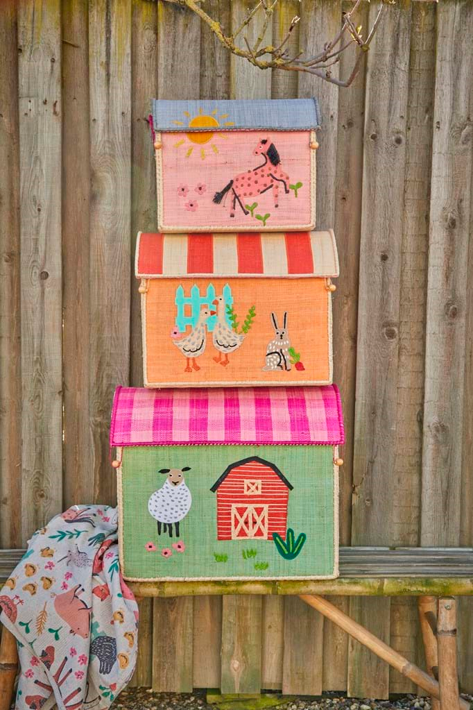 Raffia Storage Baskets with Pink Farm Theme - Set of 3 - Rice By Rice