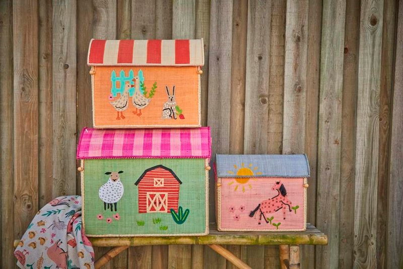 Raffia Storage Baskets with Pink Farm Theme - Set of 3 - Rice By Rice