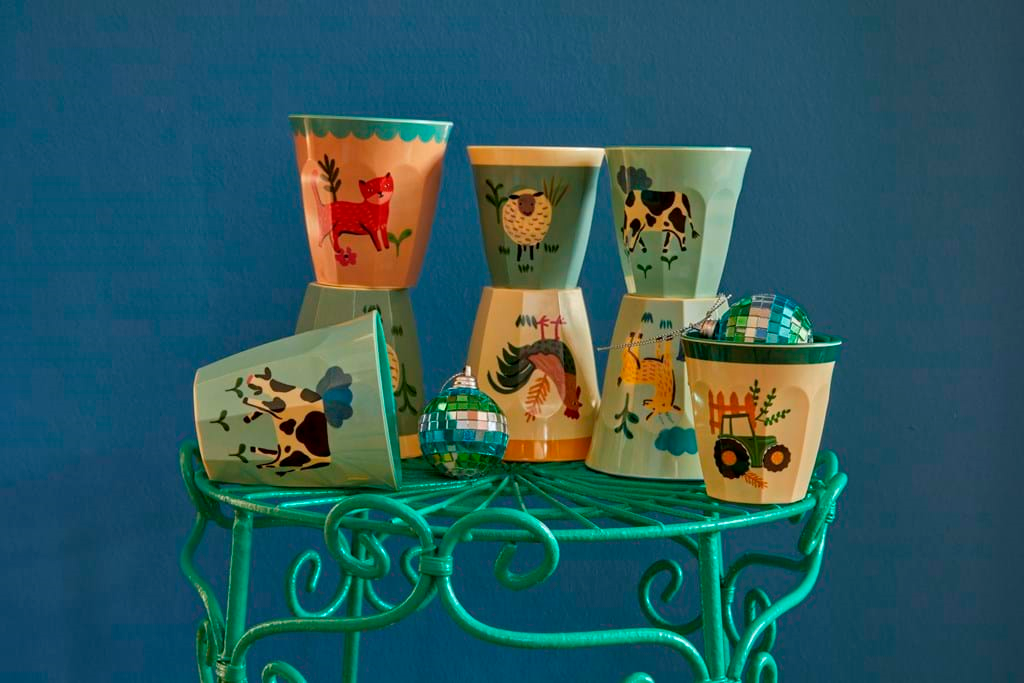 Melamine Kids Cups in Blue Farm Prints - Medium - 6 pcs. in Gift Box - Rice By Rice