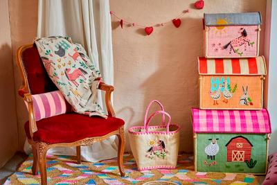Raffia Storage Baskets with Pink Farm Theme - Set of 3 - Rice By Rice