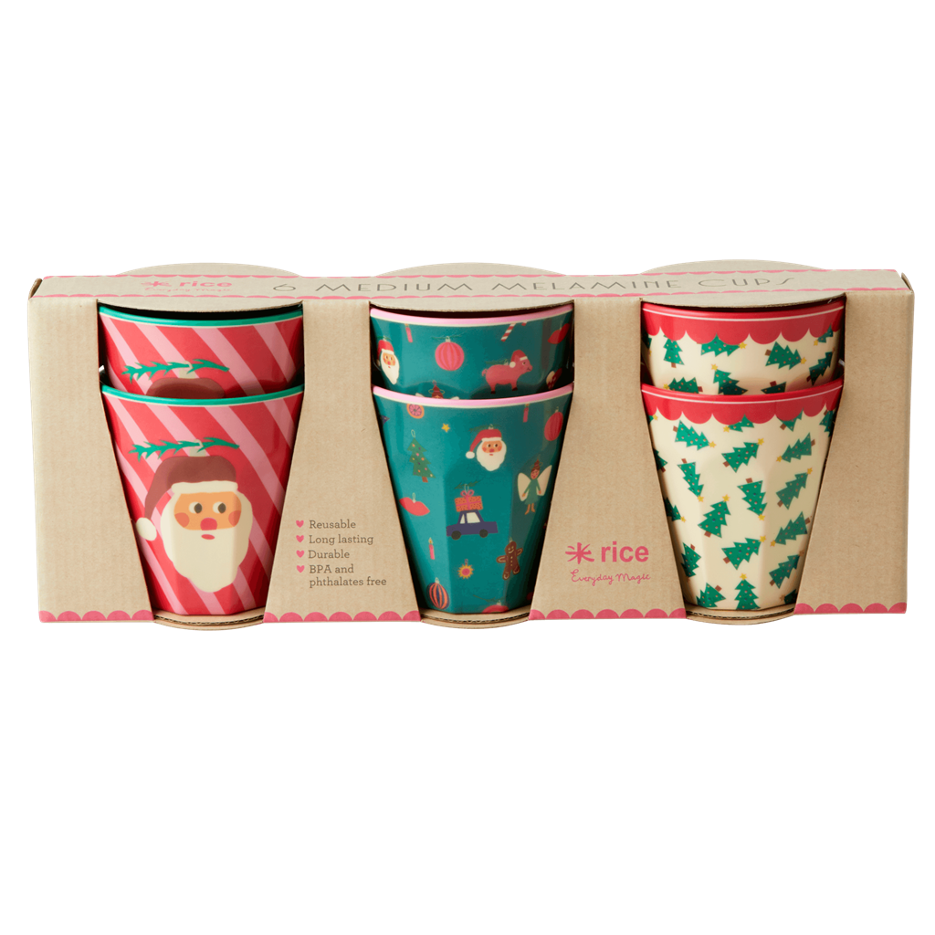 Melamine Cups in Asst. Christmas Prints - Medium - 6 pcs. in Gift Box - Rice By Rice